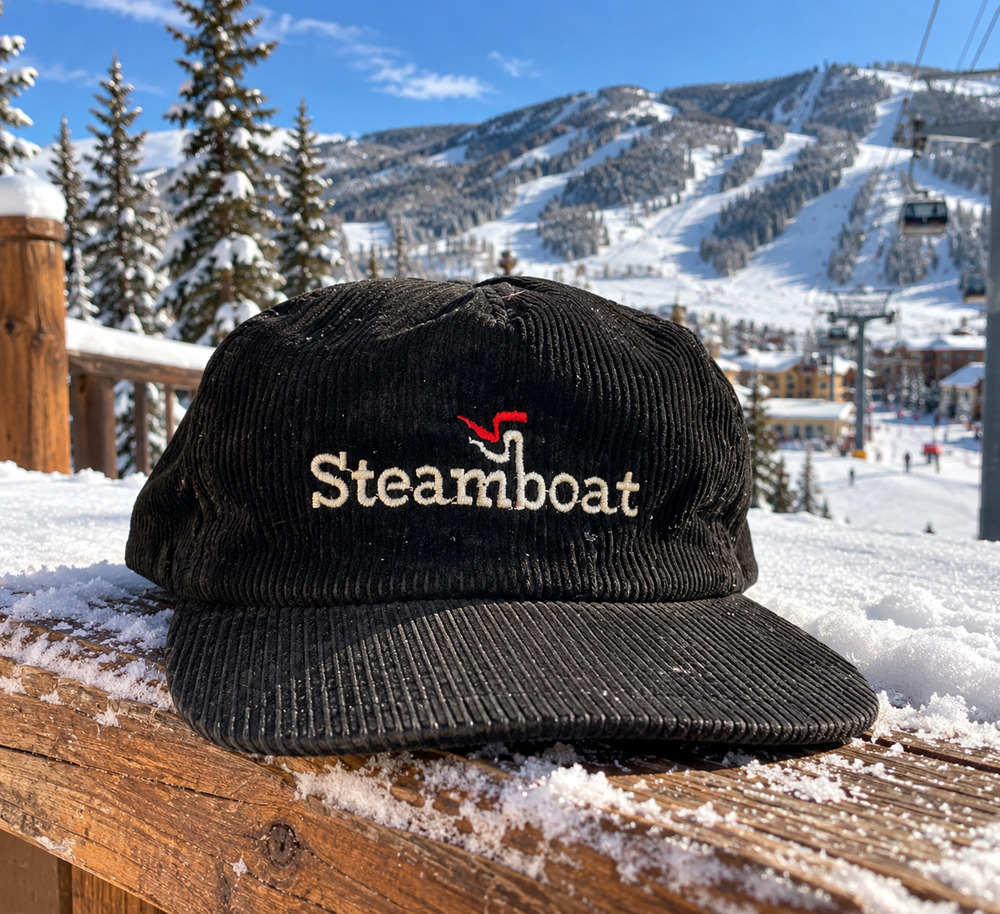 Steamboat Ski Resort Corduroy Strapback Hat Cap Black Colorado 90s USA Vintage